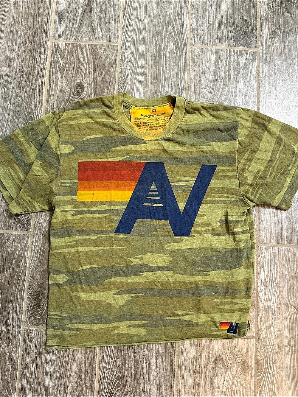 Aviator Nation Logo Cropped Tee Camo Logo Short Sleeve Tee in Green & Blue XS